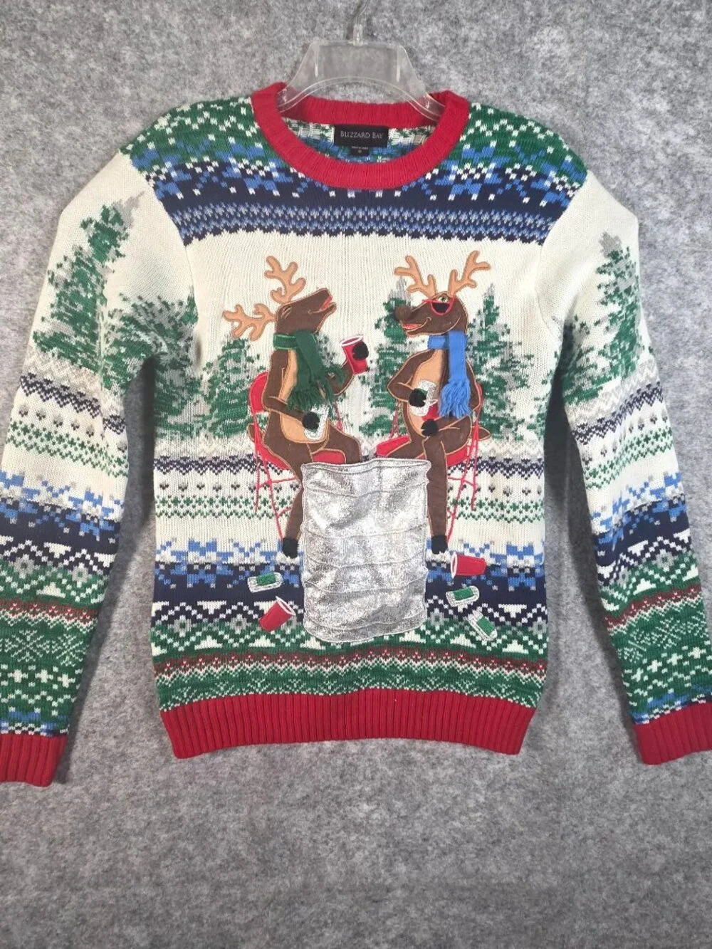 Blizzard Bay Ugly Christmas Sweater L Reindeer Beer Holder Y2K Novelty Holiday